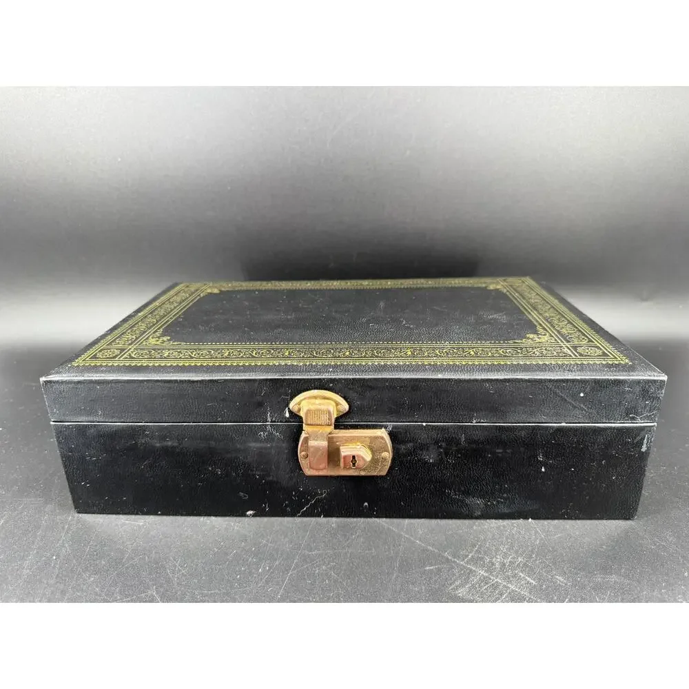 Vintage 1950s Jewelry Box Black Gold Tooled Red Velvet Lift Tray 12.5